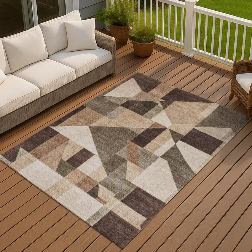 Brown And Beige Geometric Washable Indoor Outdoor Area Rug Photo 3