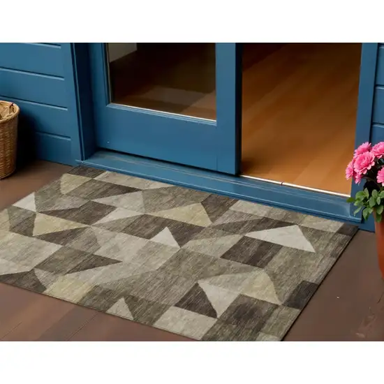 Brown And Beige Geometric Washable Indoor Outdoor Area Rug Photo 1