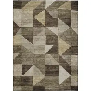 Photo of Brown And Beige Geometric Washable Indoor Outdoor Area Rug
