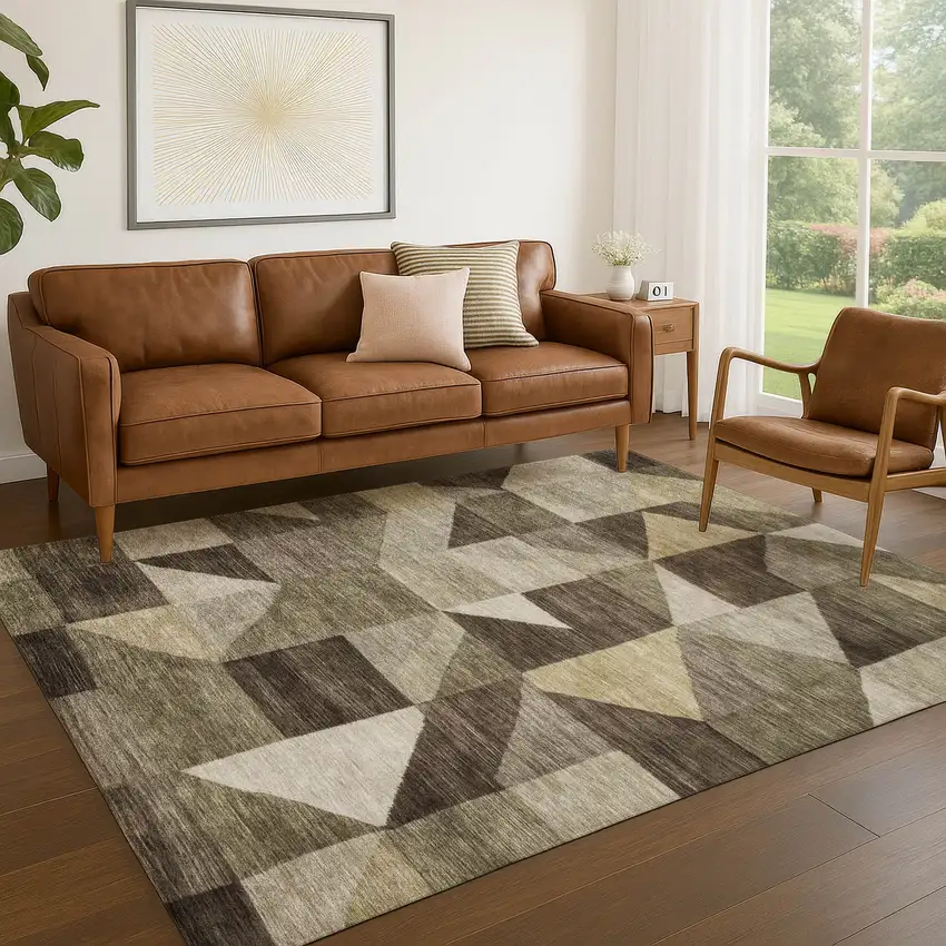 Brown And Beige Geometric Washable Indoor Outdoor Area Rug Photo 5