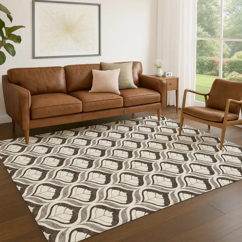 Brown And Beige Geometric Washable Indoor Outdoor Area Rug Photo 5