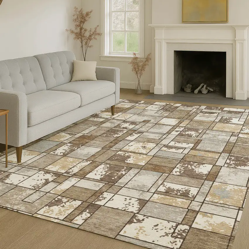 Brown And Beige Geometric Washable Indoor Outdoor Area Rug Photo 6