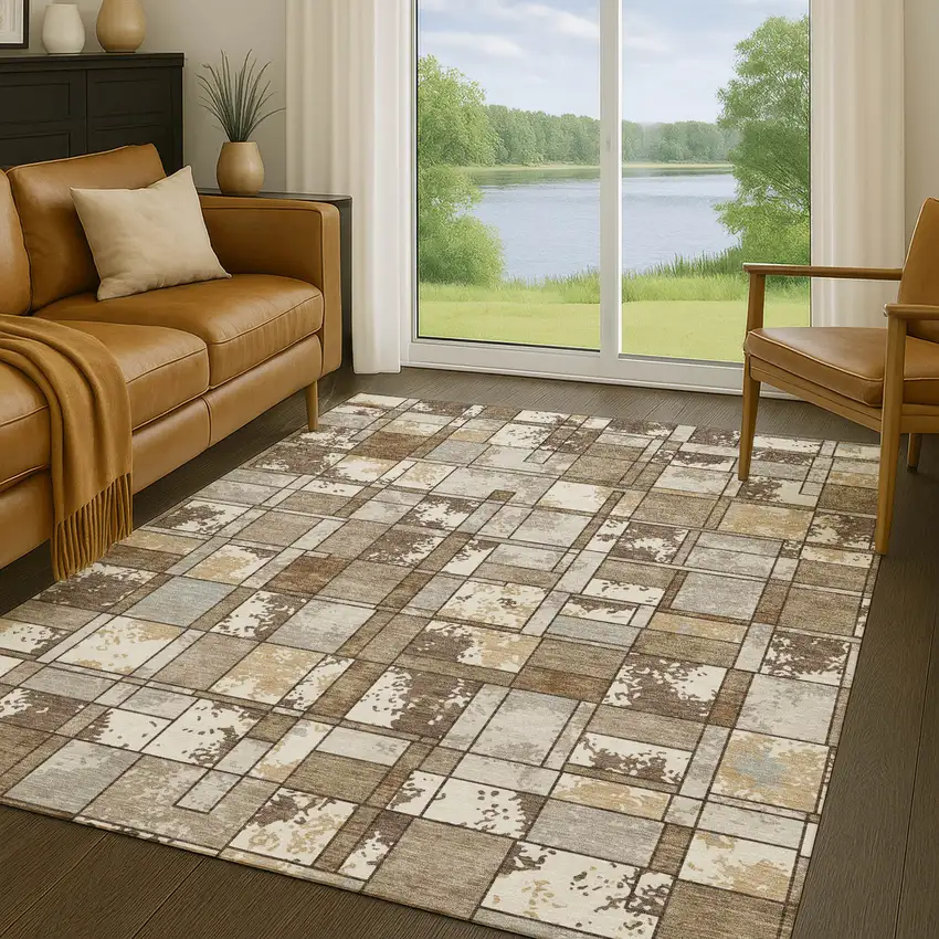 Brown And Beige Geometric Washable Indoor Outdoor Area Rug Photo 5