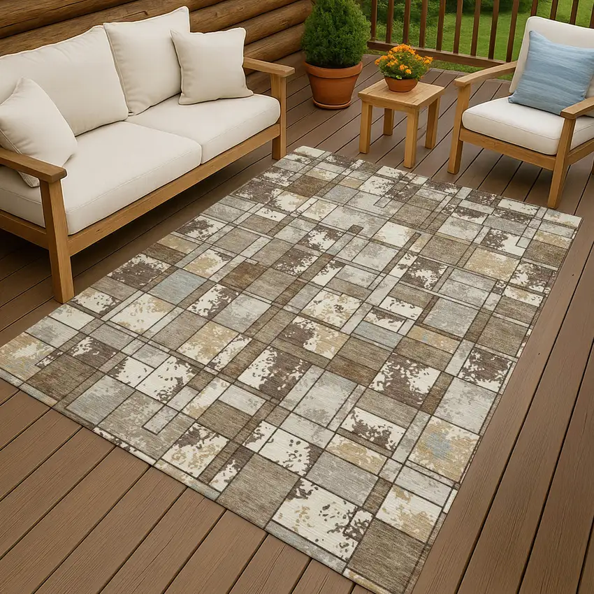 Brown And Beige Geometric Washable Indoor Outdoor Area Rug Photo 4