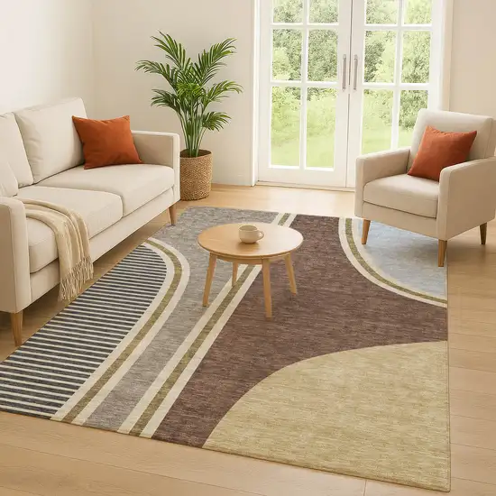 Brown And Beige Geometric Washable Indoor Outdoor Area Rug Photo 5