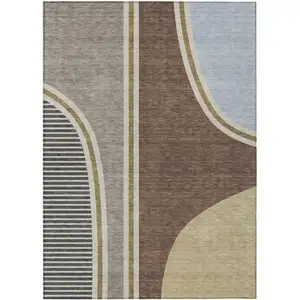 Photo of Brown And Beige Geometric Washable Indoor Outdoor Area Rug