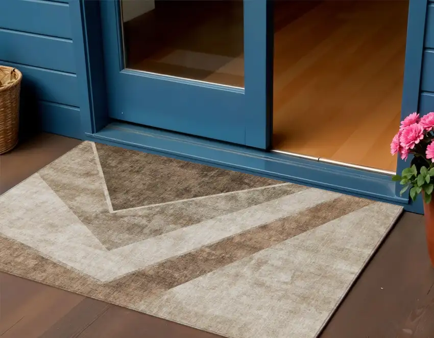 Brown And Beige Geometric Washable Indoor Outdoor Area Rug Photo 1