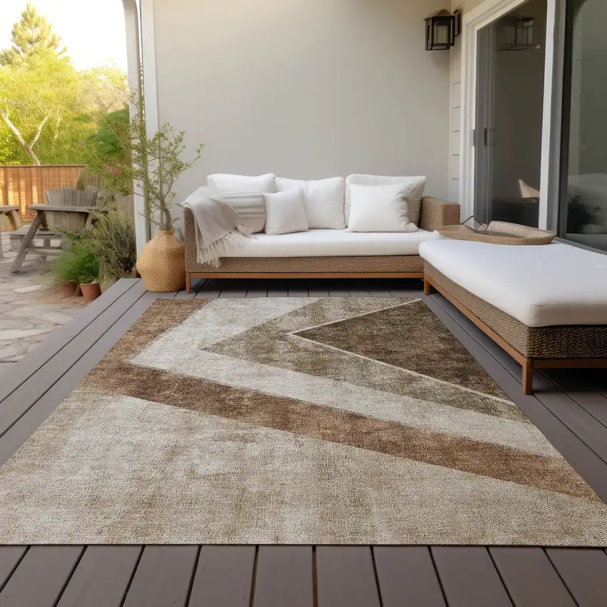 Brown And Beige Geometric Washable Indoor Outdoor Area Rug Photo 9
