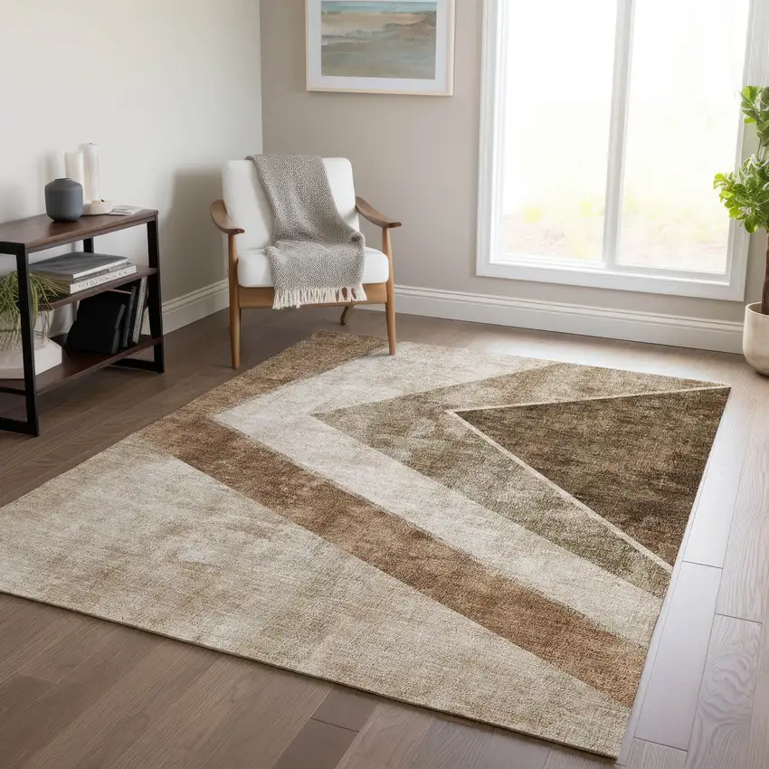 Brown And Beige Geometric Washable Indoor Outdoor Area Rug Photo 9