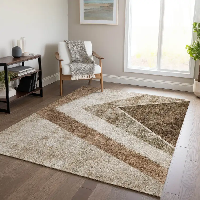Brown And Beige Geometric Washable Indoor Outdoor Area Rug Photo 9