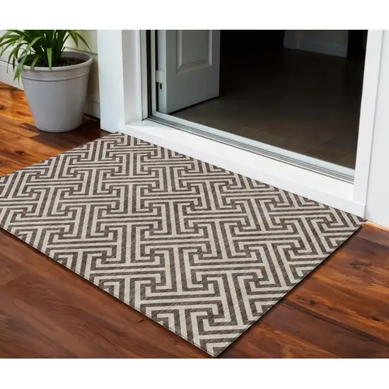 Brown And Beige Geometric Washable Indoor Outdoor Area Rug Photo 1