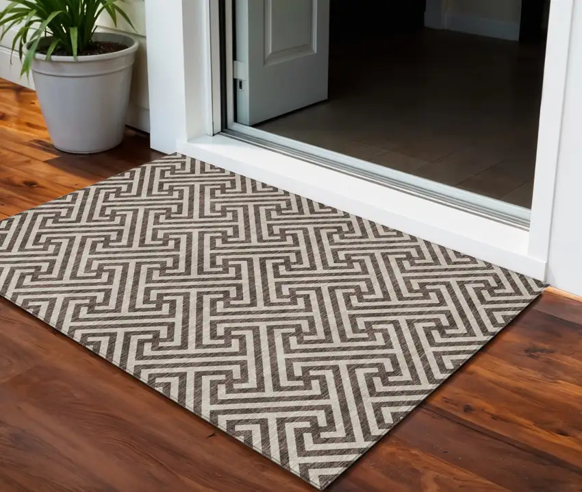 Brown And Beige Geometric Washable Indoor Outdoor Area Rug Photo 1