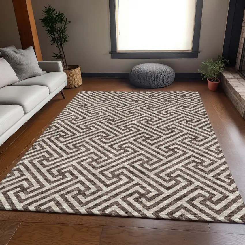 Brown And Beige Geometric Washable Indoor Outdoor Area Rug Photo 9