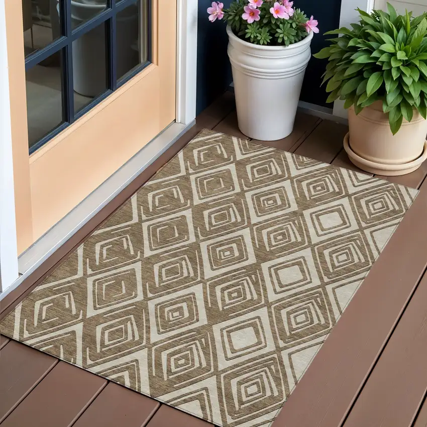Brown And Beige Geometric Washable Indoor Outdoor Area Rug Photo 1