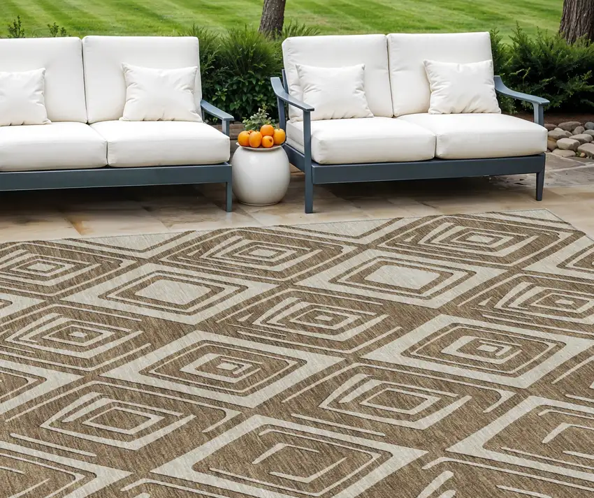 Brown And Beige Geometric Washable Indoor Outdoor Area Rug Photo 1