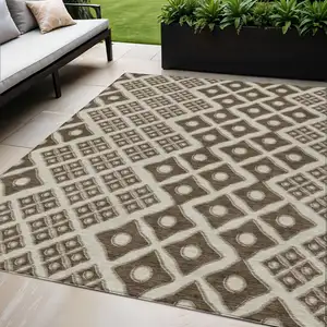 Photo of Brown And Beige Geometric Washable Indoor Outdoor Area Rug