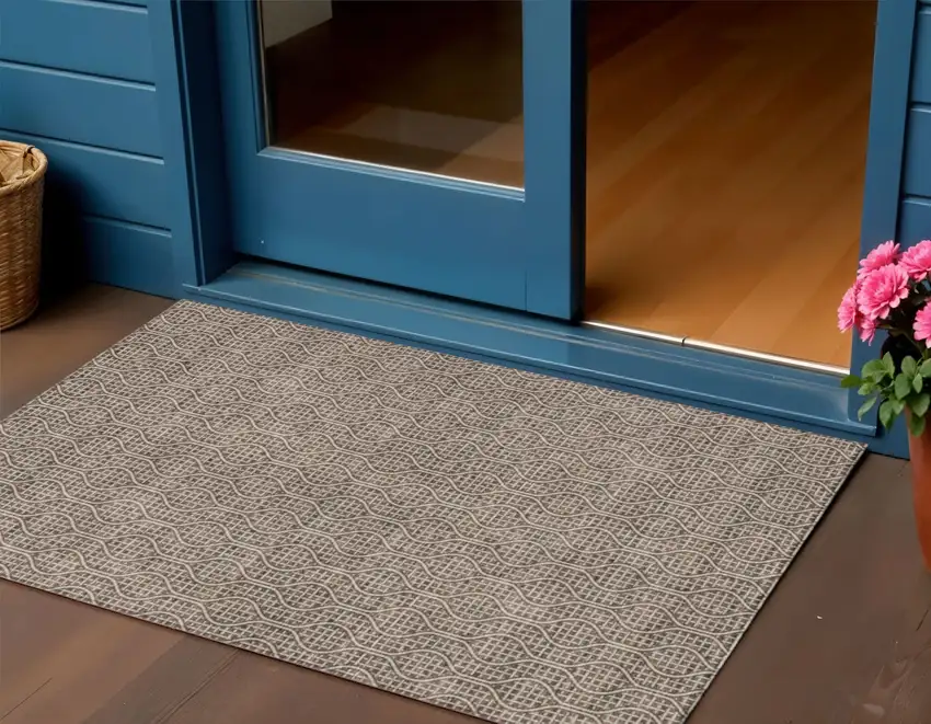 Brown And Beige Geometric Washable Indoor Outdoor Area Rug Photo 1