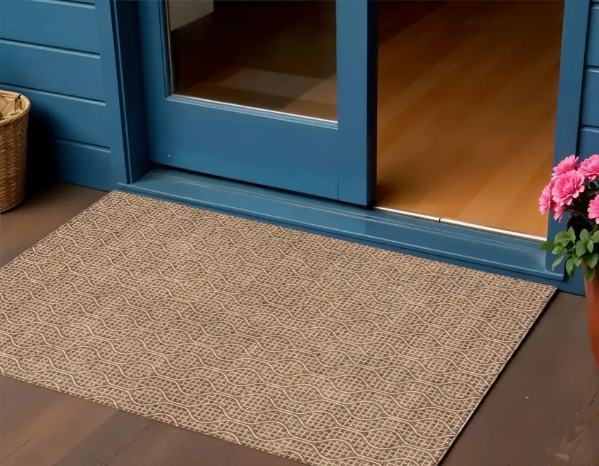 Brown And Beige Geometric Washable Indoor Outdoor Area Rug Photo 1