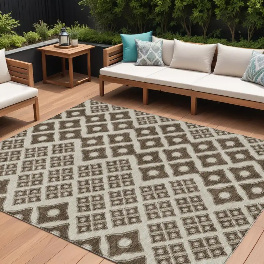 Brown And Beige Geometric Washable Indoor Outdoor Area Rug Photo 1