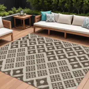 Photo of Brown And Beige Geometric Washable Indoor Outdoor Area Rug