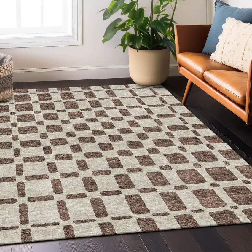 Brown And Beige Geometric Washable Indoor Outdoor Area Rug Photo 9