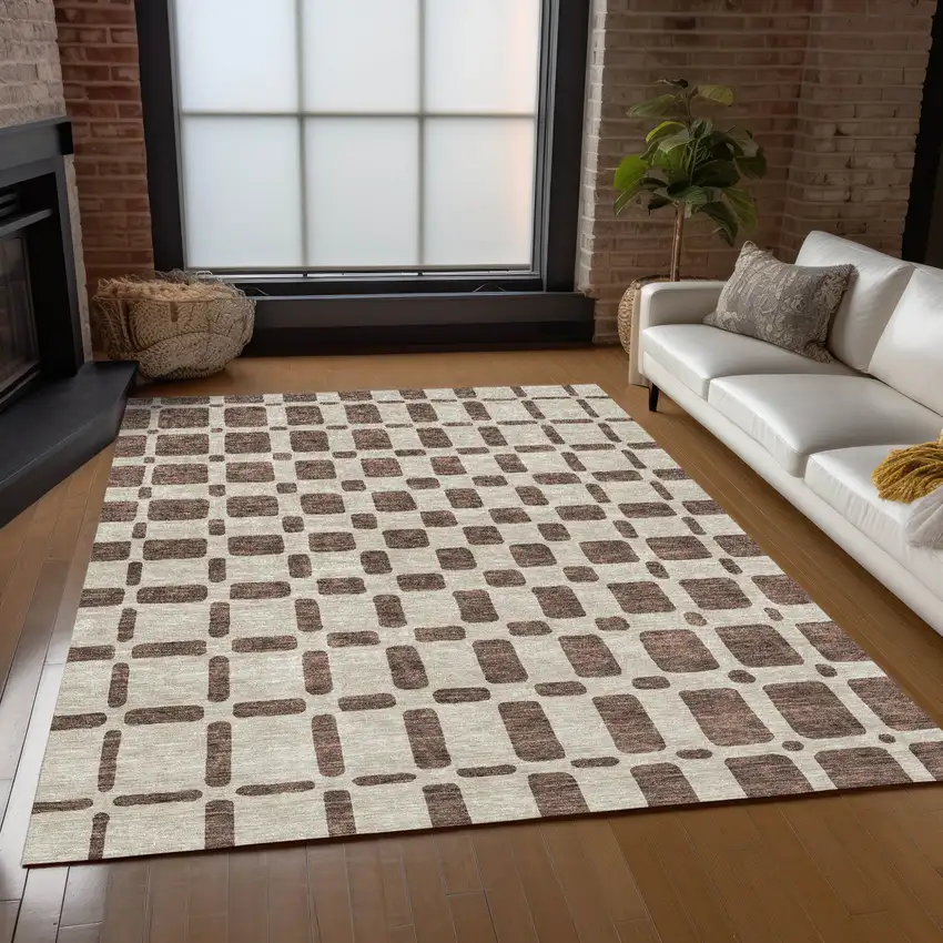 Brown And Beige Geometric Washable Indoor Outdoor Area Rug Photo 9