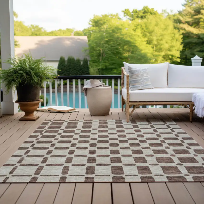 Brown And Beige Geometric Washable Indoor Outdoor Area Rug Photo 9