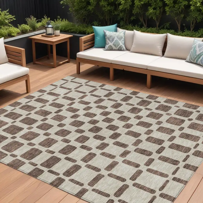Brown And Beige Geometric Washable Indoor Outdoor Area Rug Photo 1