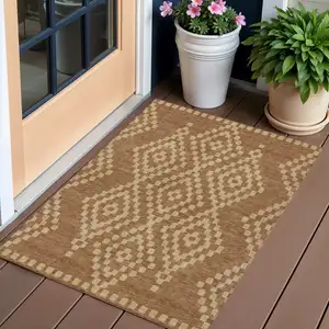 Photo of Brown And Beige Geometric Washable Indoor Outdoor Area Rug
