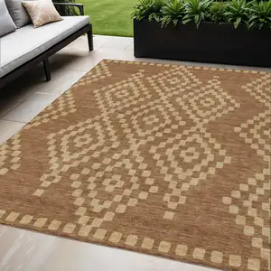 Photo of Brown And Beige Geometric Washable Indoor Outdoor Area Rug