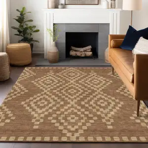 Photo of Brown And Beige Geometric Washable Indoor Outdoor Area Rug