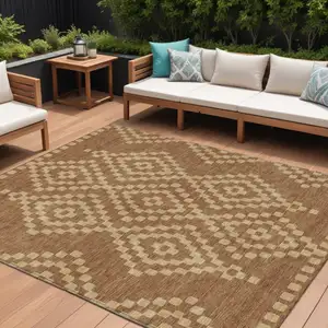 Photo of Brown And Beige Geometric Washable Indoor Outdoor Area Rug