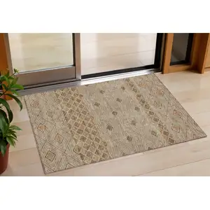 Photo of Brown And Beige Geometric Washable Indoor Outdoor Area Rug