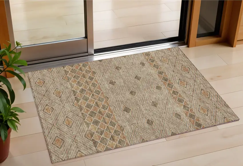 Brown And Beige Geometric Washable Indoor Outdoor Area Rug Photo 1