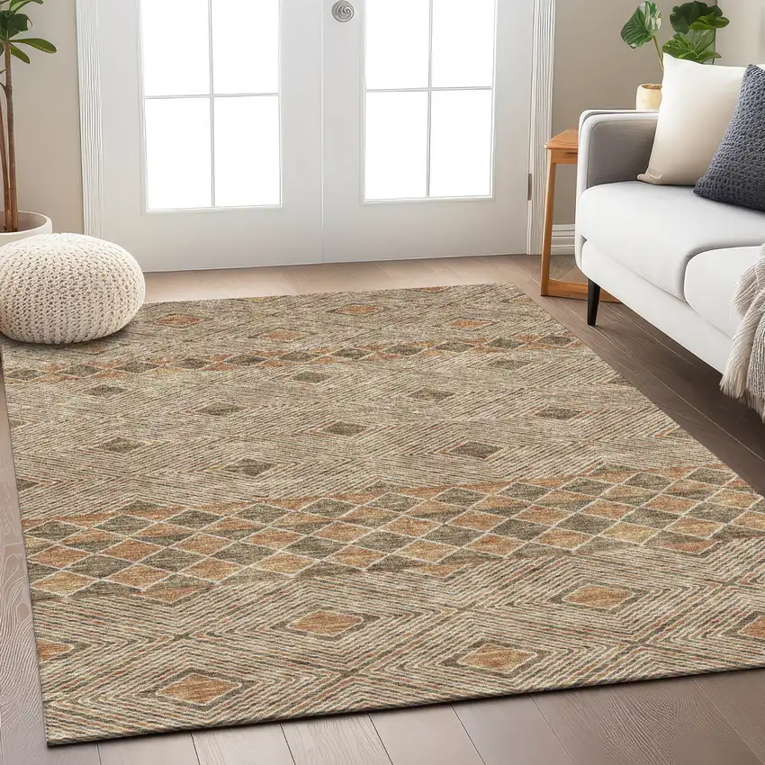 Brown And Beige Geometric Washable Indoor Outdoor Area Rug Photo 9