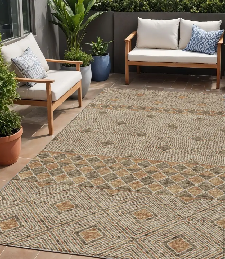 Brown And Beige Geometric Washable Indoor Outdoor Area Rug Photo 1