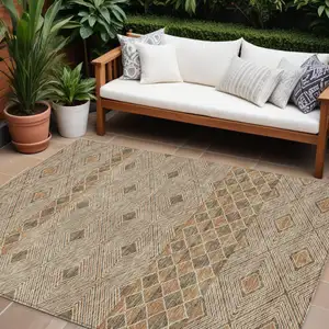 Photo of Brown And Beige Geometric Washable Indoor Outdoor Area Rug