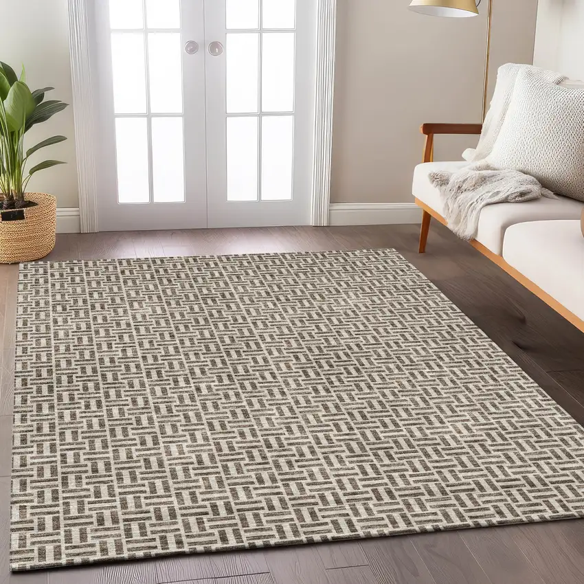 Brown And Beige Geometric Washable Indoor Outdoor Area Rug Photo 9
