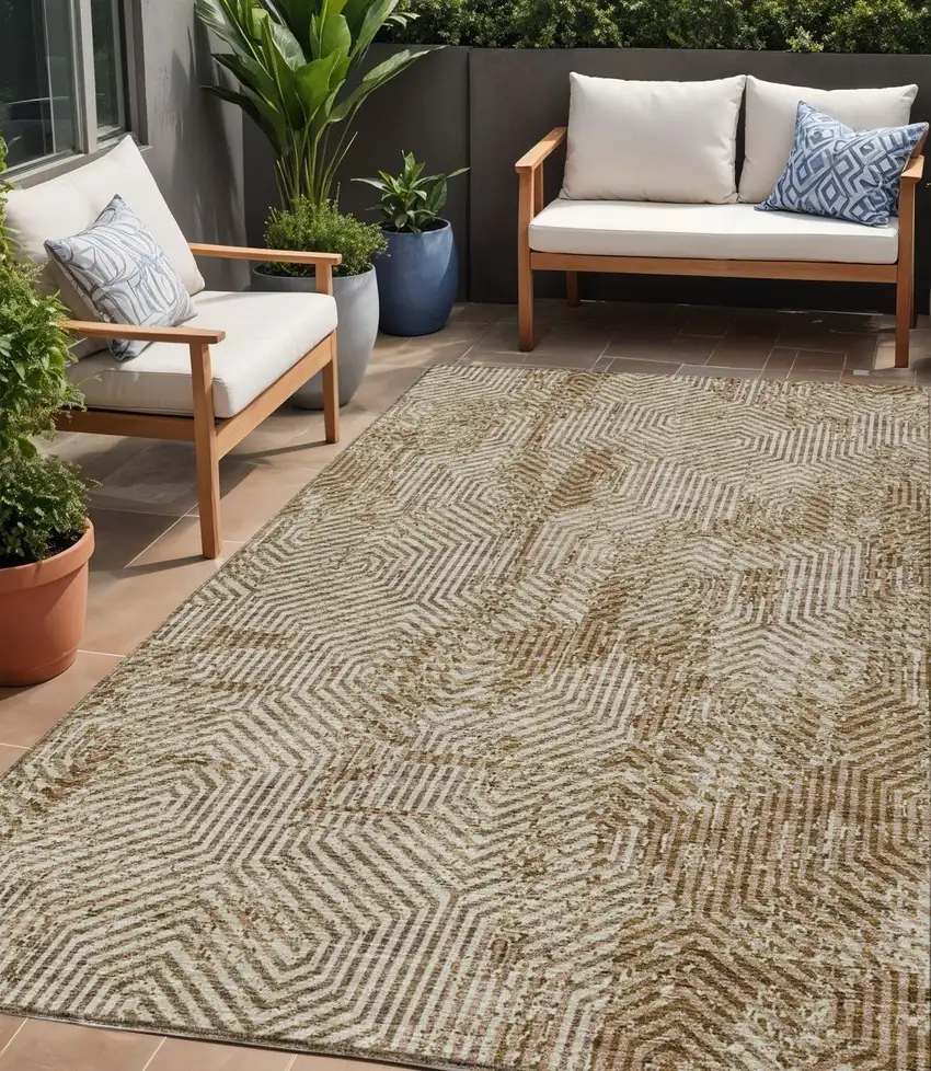 Brown And Beige Geometric Washable Indoor Outdoor Area Rug Photo 1