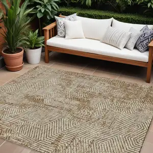 Photo of Brown And Beige Geometric Washable Indoor Outdoor Area Rug