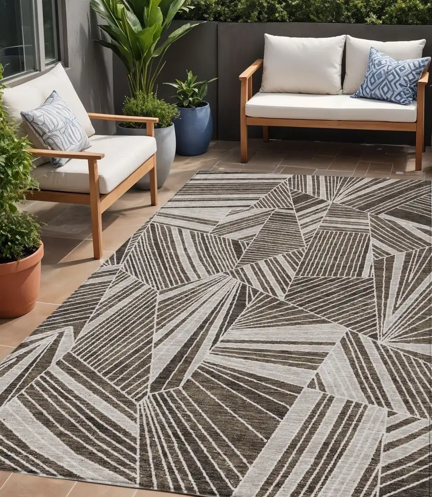 Brown And Beige Geometric Washable Indoor Outdoor Area Rug Photo 1