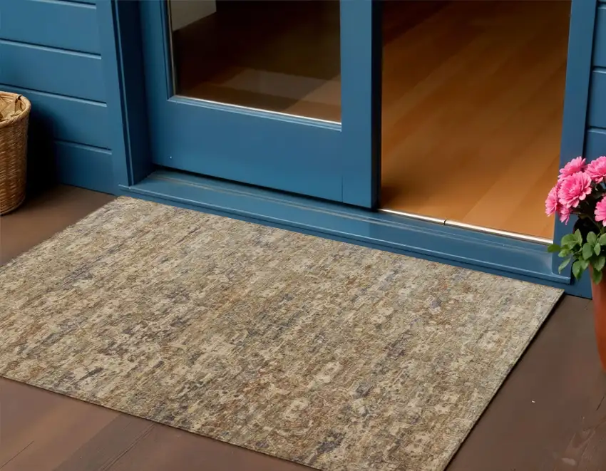 Brown And Beige Ikat Washable Indoor Outdoor Area Rug Photo 1