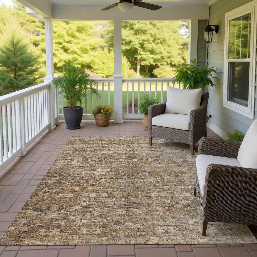 Brown And Beige Ikat Washable Indoor Outdoor Area Rug Photo 9