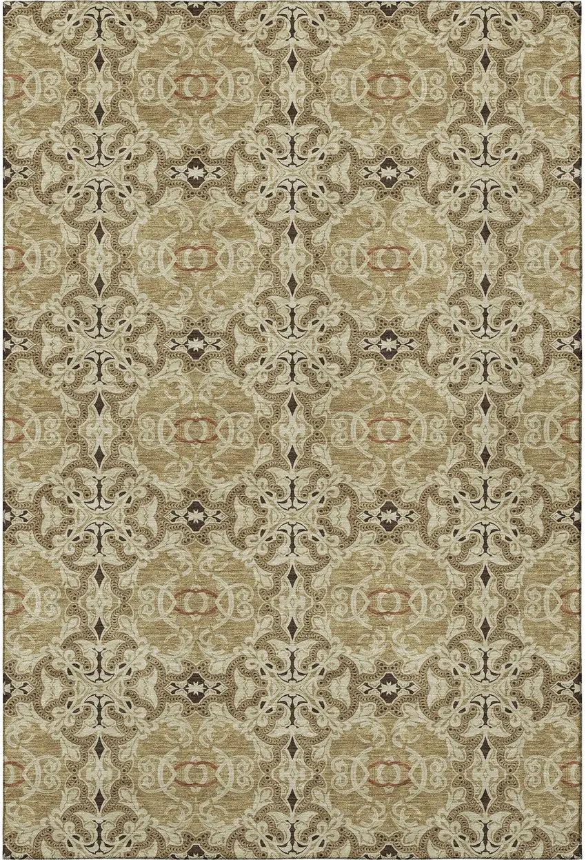 Brown And Beige Medallion Washable Area Rug With UV Protection Photo 3