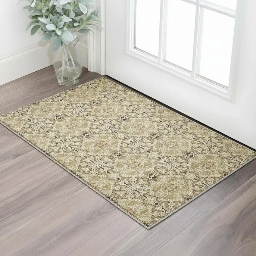 Brown And Beige Medallion Washable Area Rug With UV Protection Photo 2