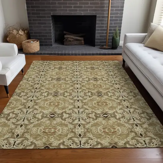 Brown And Beige Medallion Washable Area Rug With UV Protection Photo 4