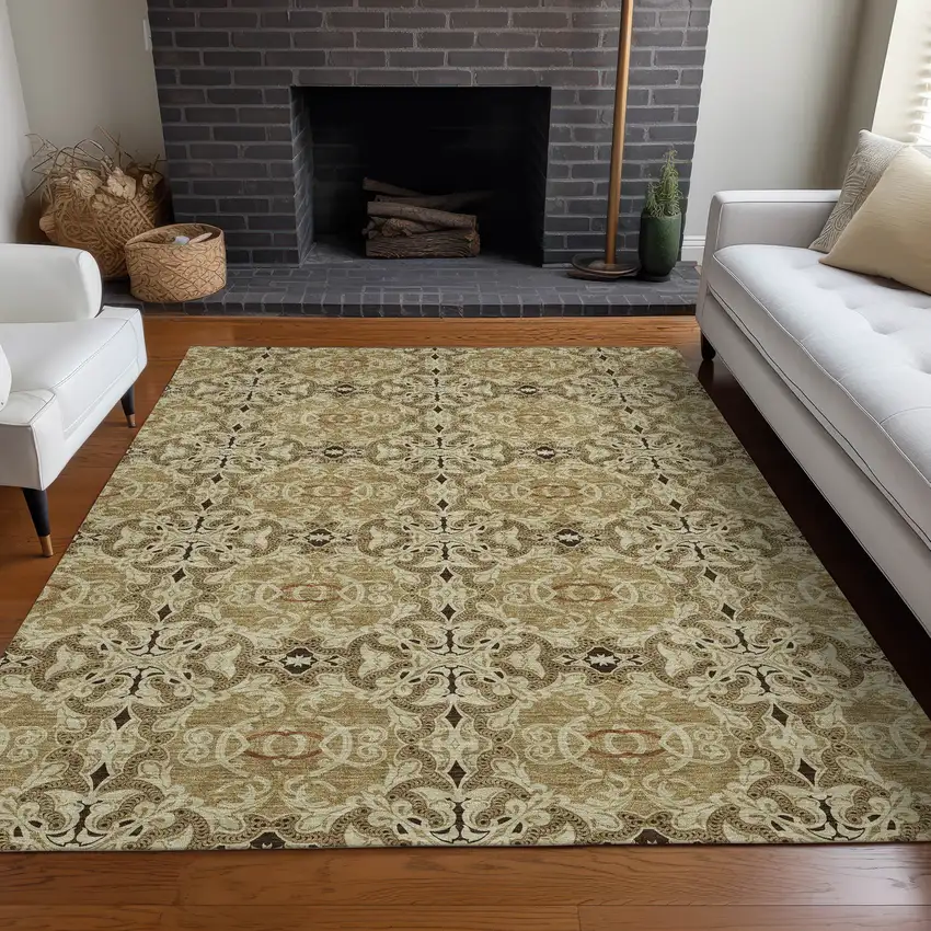 Brown And Beige Medallion Washable Area Rug With UV Protection Photo 4
