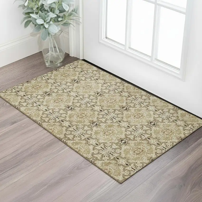 Brown And Beige Medallion Washable Area Rug With UV Protection Photo 1