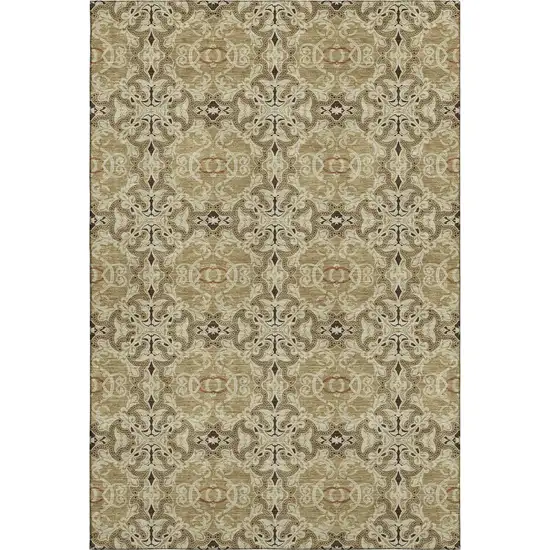 Brown And Beige Medallion Washable Area Rug With UV Protection Photo 1