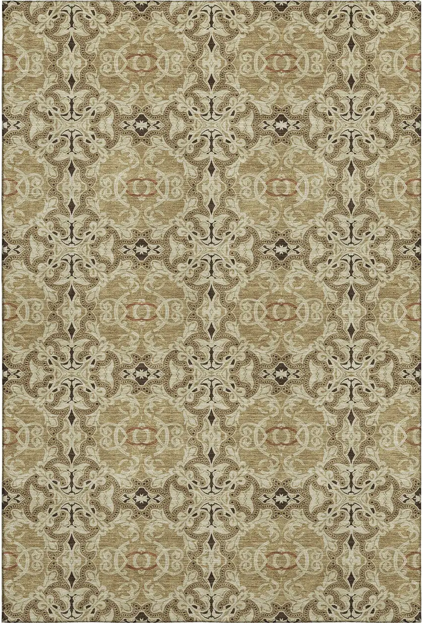 Brown And Beige Medallion Washable Area Rug With UV Protection Photo 1